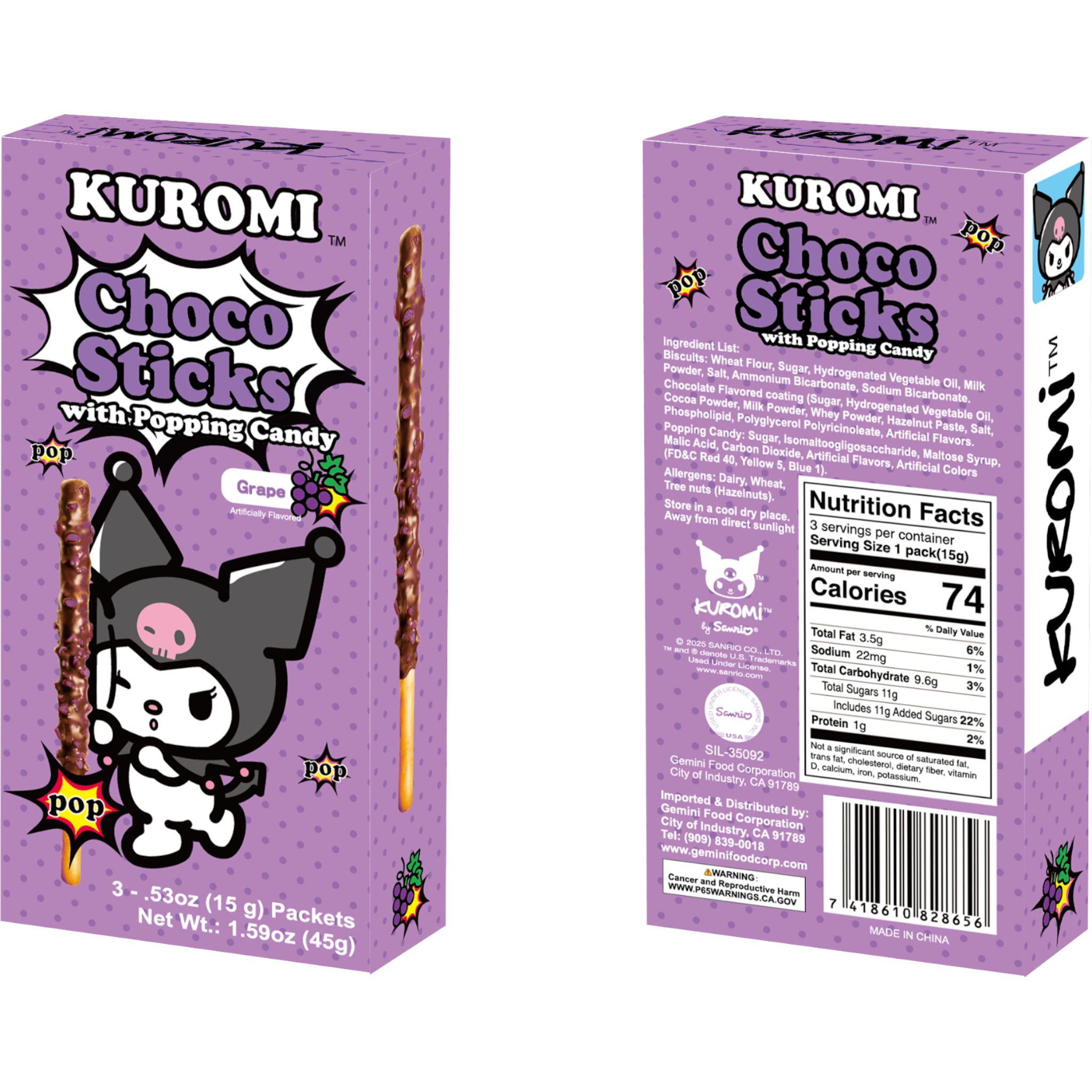 Sanrio Kuromi Choco Sticks with Popping Candy Grape 8 Count | Cow