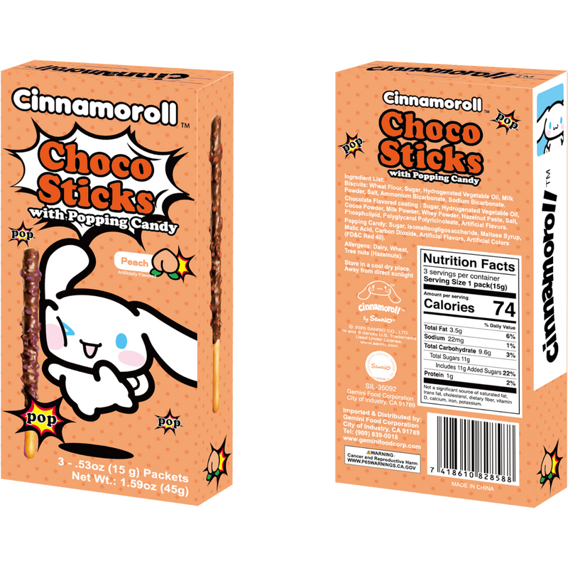 Sanrio Cinnamoroll Choco Sticks with Peach Popping Candy 8 Count