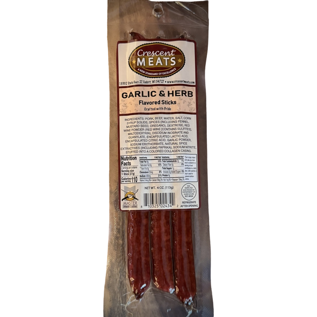 Crescent Meats Garlic and Herb Beef Sticks 4 oz | Cow Crack Wholesale