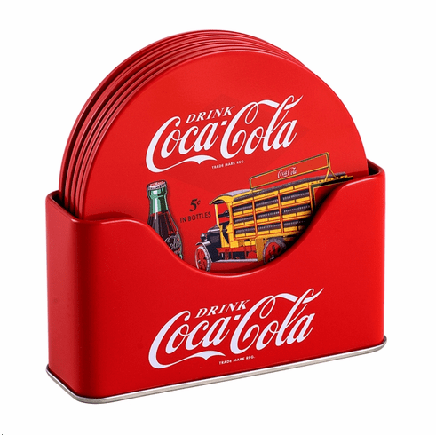 Coke 6 Piece Coaster Set with Standing Metal Holder