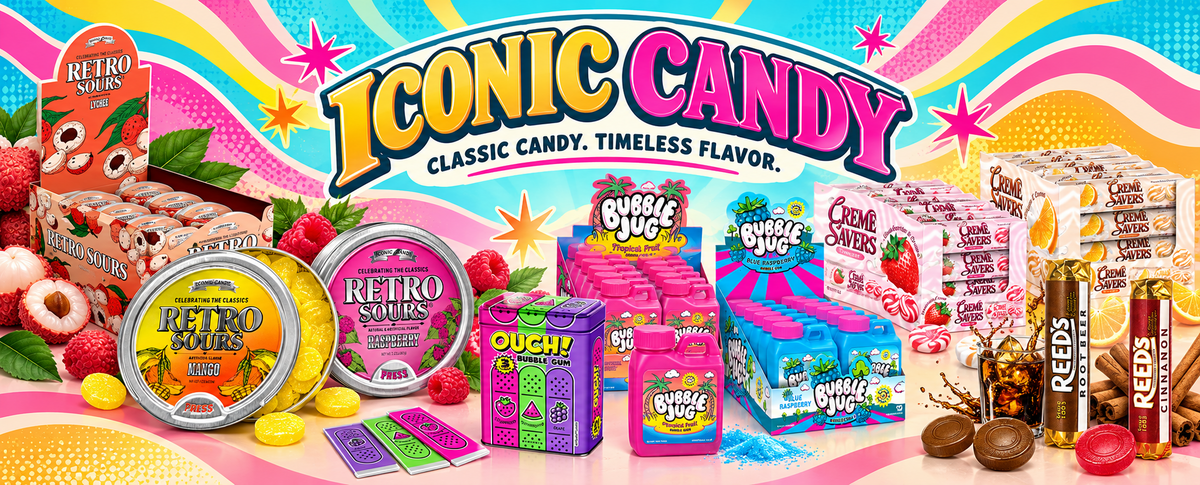 Iconic Candy Retro Sours, Bubble Jug, Ouch, Creme Savers and Reed's