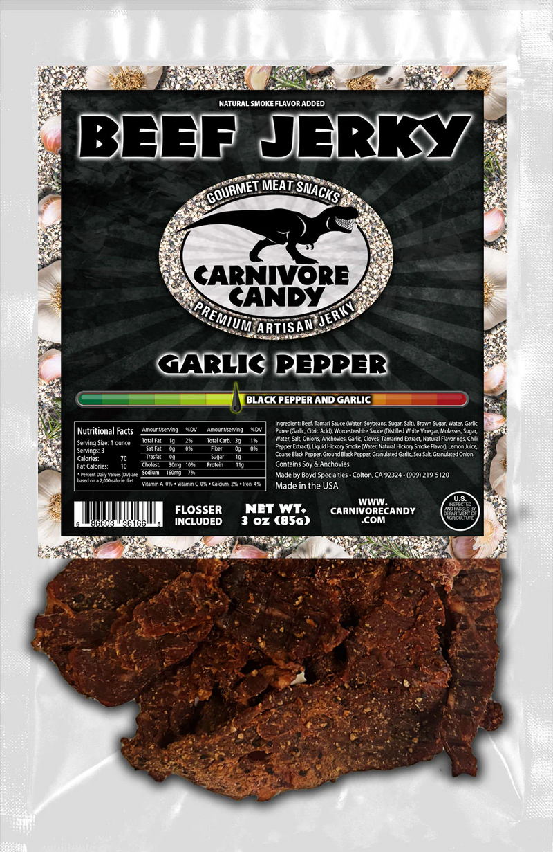 Carnivore Candy Garlic Pepper Beef Jerky 3 OZ